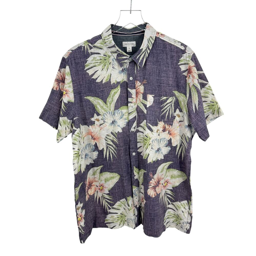 Sun & Stone shirt men's XL linen blend tropical floral aloha beach button front